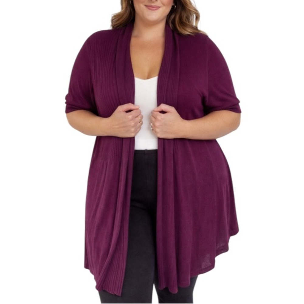 dressbarn Deep Plum Open-Front Draped Cardigan